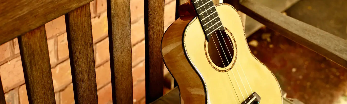 Close up image of a ukulele on a chair.